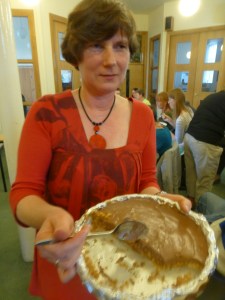 Chocolate mousse-pie is served