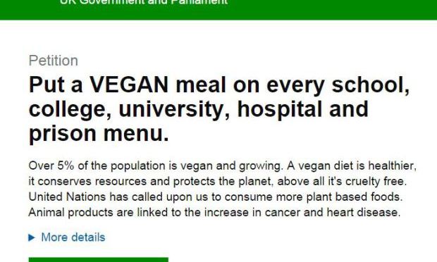 PETITION: Put a VEGAN meal on every school, college, university, hospital and prison menu.