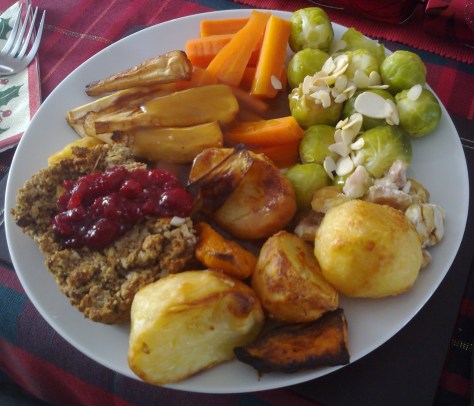 Photograph of a vegan Christmas dinner on a plate.  The plate contains  nut roast, cranberry sauce, roast potatoes, roast parsnips, carrots, Brussels sprouts and flaked almonds