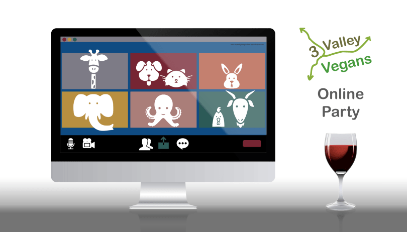 Pretend video conference call with animals, also a glass of wine