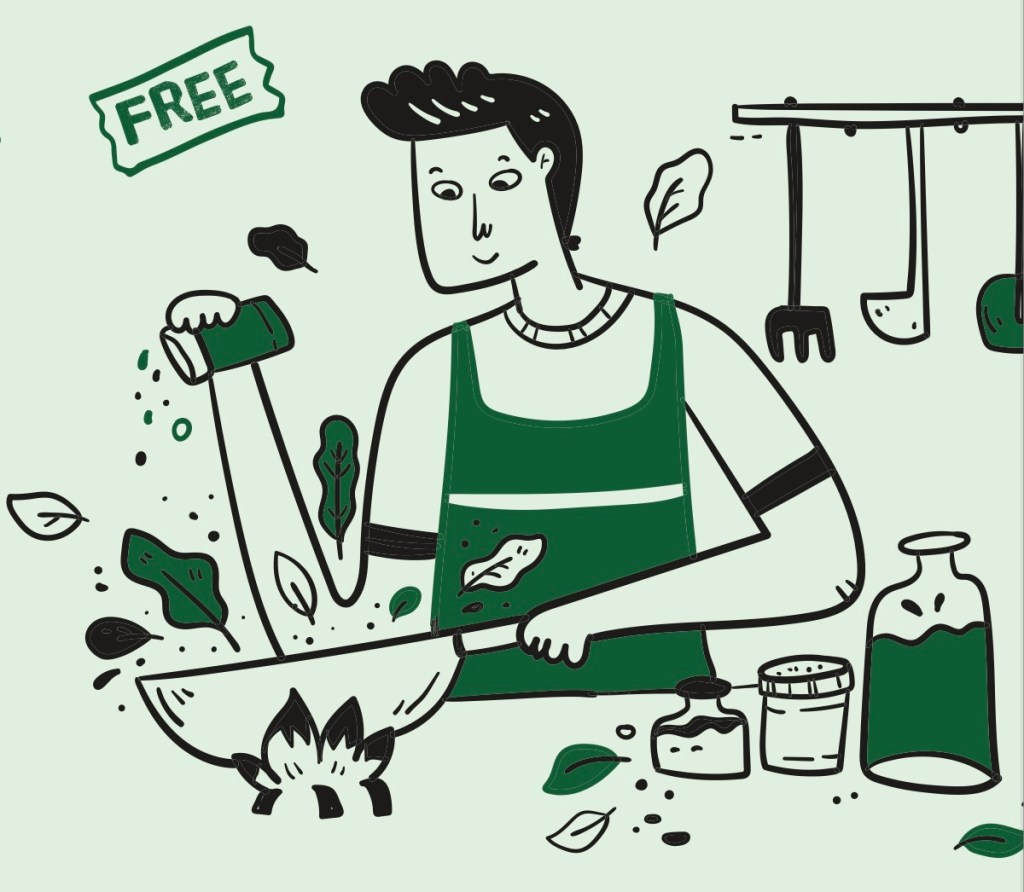 Green & black sketch of a person stir-frying vegetables in a wok.  There are 3 bottles on the adjacent work surface & implements hanging on a rack behind.