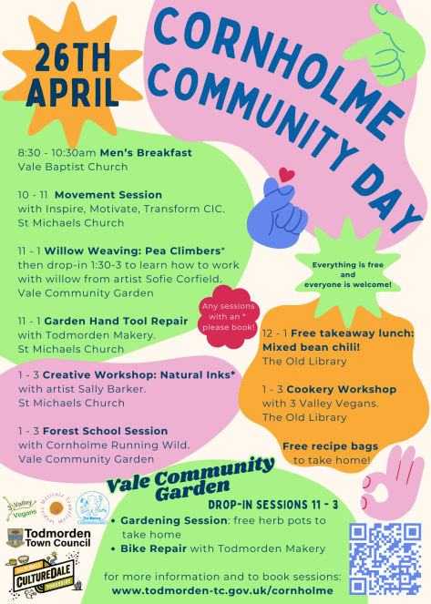 A poster giving the full programme for the Cornholme Community Day including the Cheap & Easy cookery workshop and free lunch.  Timing in text below the image.